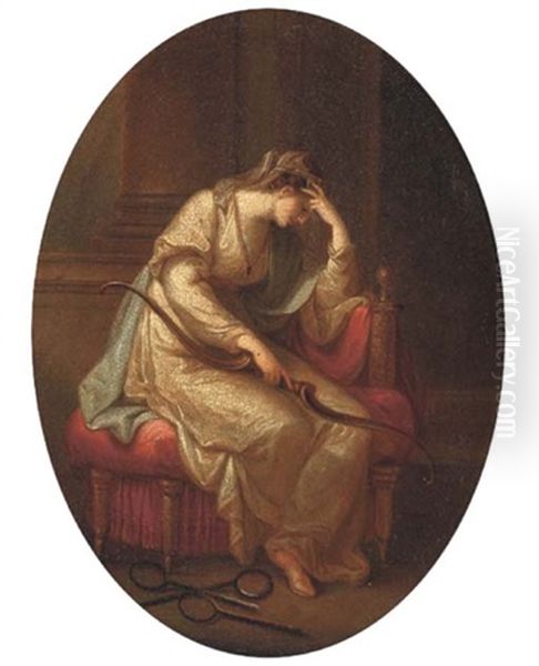 A Seated Lady In Classical Dress, Holding A Bow Oil Painting by Angelika Kauffmann