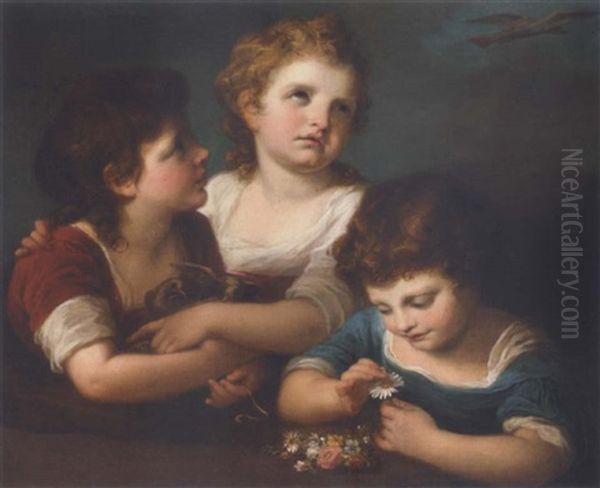 Children With A Bird's Nest And Flowers by Angelika Kauffmann