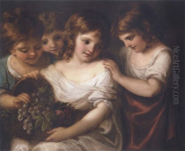 Four Children With A Basket Of Fruit Oil Painting by Angelika Kauffmann