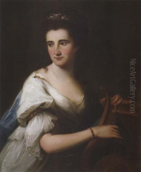 Bildnis Von Mrs. Colley Als Terpsychore In Weisem Kleid Mit Blauem Umhang, Die Leier Spielend Oil Painting by Angelika Kauffmann