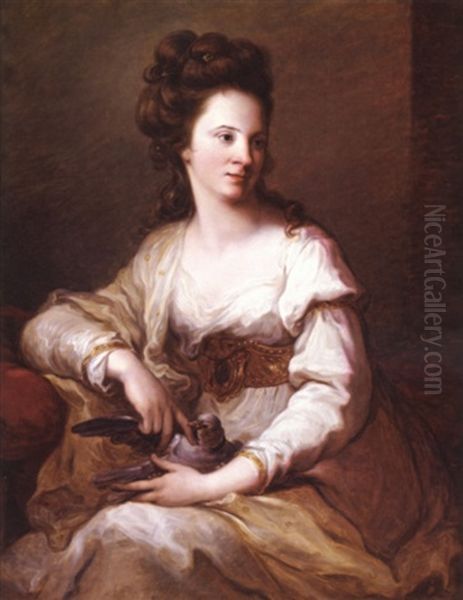 Portrait Of A Lady In A White Dress Holding A Dove Oil Painting by Angelika Kauffmann