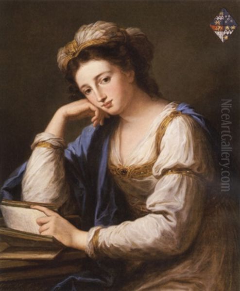 Portrait Of Lady Louisa Dorothea Holroyd Seated At Her Desk, Wearing A White Dress With Bold Brocade And Blue Robes, Holding A Book Oil Painting by Angelika Kauffmann