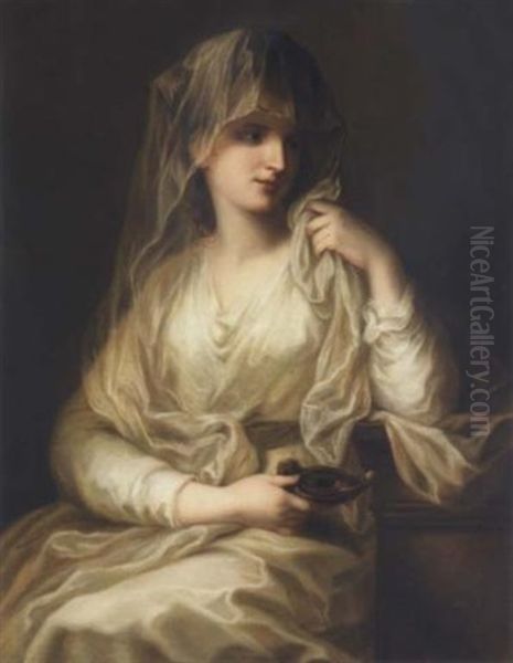 Portrait Of A Lady As Tuccia, The Vestal Virgin, Holding An Oil Lamp Oil Painting by Angelika Kauffmann