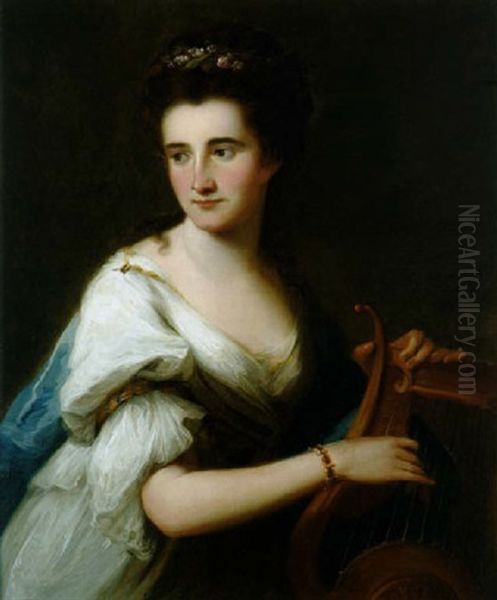 Bilnis Von Mrs. Colley Als Terpsychore In Weisem Kleid Mit Blauem Umhang, Die Leier Spielend Oil Painting by Angelika Kauffmann