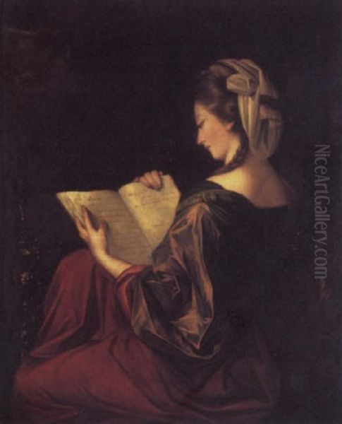 Portrait Of A Lady In A Red Dress And Green Velvet Top, Holding A Book, Sitting In A Landscape Oil Painting by Angelika Kauffmann