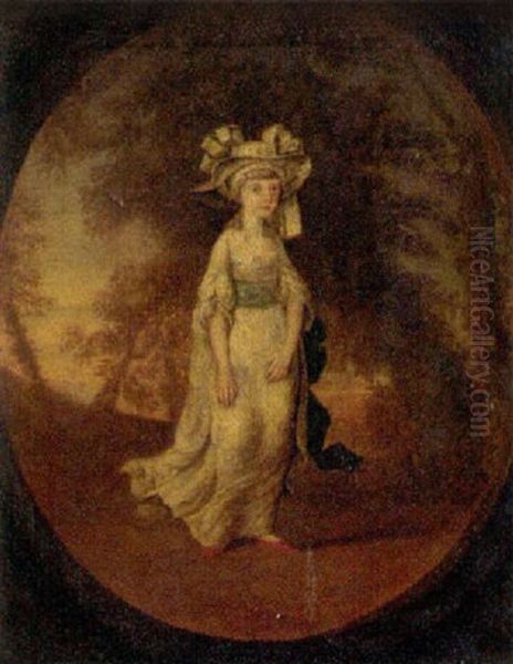 Portrait Of A Girl In A White Dress With Blue Sash, In A Landscape Oil Painting by Angelika Kauffmann