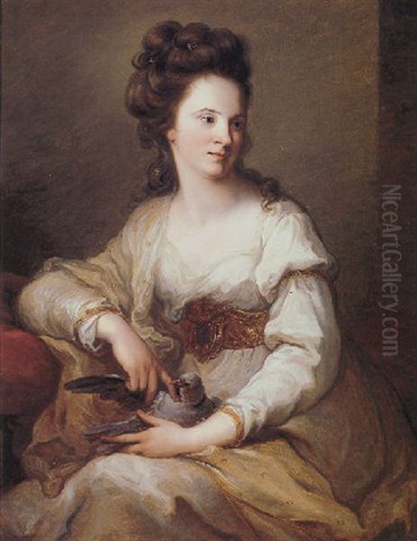 Portrait Of A Lady In A White Dress, Holding A Dove Oil Painting by Angelika Kauffmann