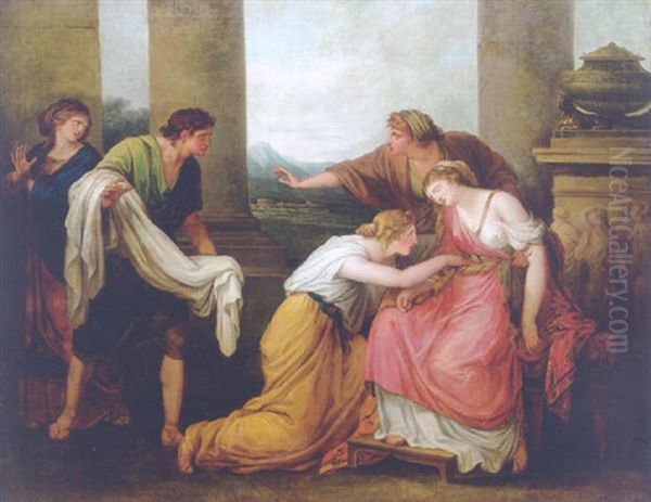 Julia, Wife Of Pompey, Faints At The Sight Of His Bloodstained Garment Oil Painting by Angelika Kauffmann