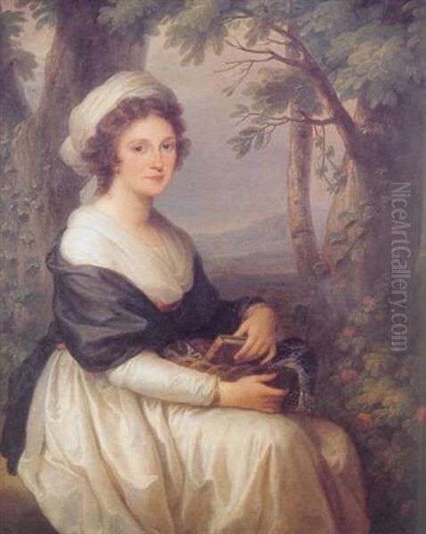 A Portrait Of Countess Felicia Regina Novosielski Wearing A White Dress And Dark Shawl, A Basket On Her Lap, In A Wooded Landscape Oil Painting by Angelika Kauffmann