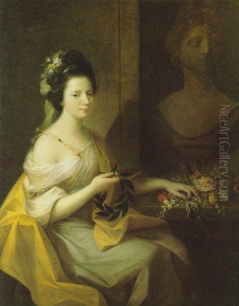 A Portrait (elizabeth Muncaster?) Seated By A Table Strewn With Flowers And Holding A Laurel Wreath Oil Painting by Angelika Kauffmann