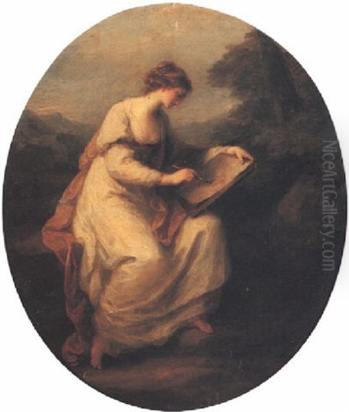 A Lady Sketching Oil Painting by Angelika Kauffmann