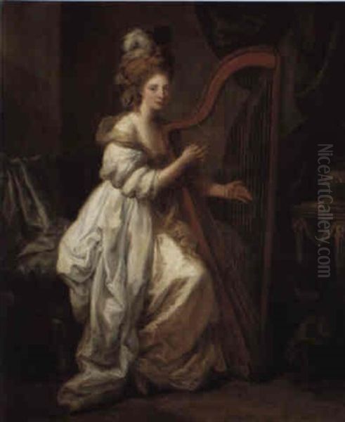 Portrait Of Elizabeth Ewer, Playing A Harp In An Interior Oil Painting by Angelika Kauffmann