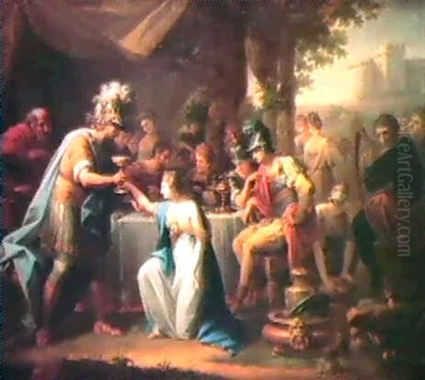 Vortigers, King Of Britain, Enamoured With Rowena, At The   Banquet Of Hengist, The Saxon General Oil Painting by Angelika Kauffmann