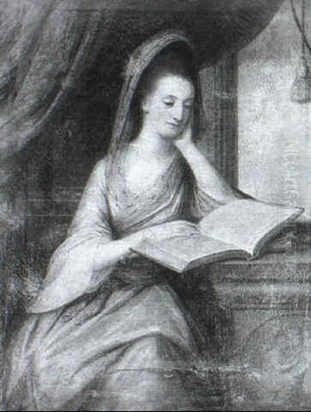 Portrait Of Lady, Wearing A Blue Dress, Reading An Atlas,   Seated Three-quarter Length Oil Painting by Angelika Kauffmann