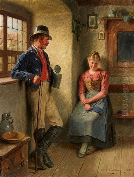 Girl And A Stage-coachman At A Window Oil Painting by Hugo Wilhelm Kauffmann