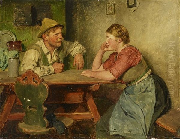 Man With Pipe And Girl Sitting At The Table Oil Painting by Hugo Wilhelm Kauffmann