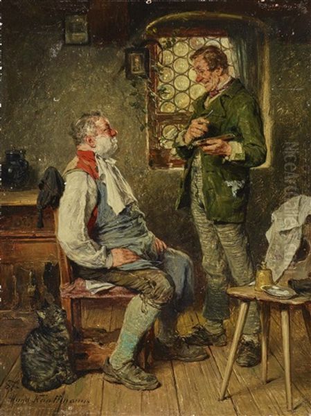 At The Barbers Oil Painting by Hugo Wilhelm Kauffmann