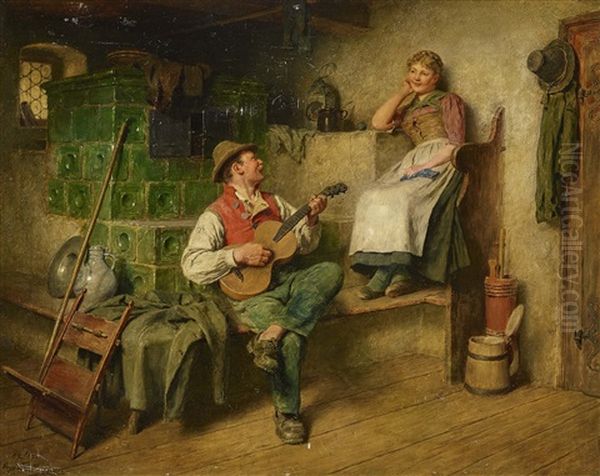 Youngster And Girl With Knitting - The Serenade Oil Painting by Hugo Wilhelm Kauffmann