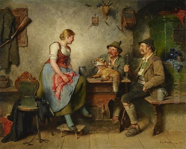 Two Hunters With A Fox And Girl Oil Painting by Hugo Wilhelm Kauffmann