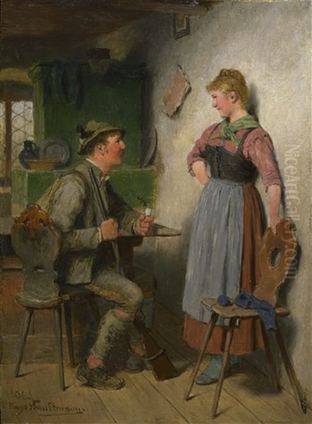 Junger Jagersbursche Und Madchen In Der Stube: Waidmannsheil Oil Painting by Hugo Wilhelm Kauffmann