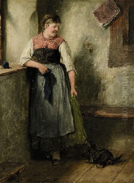 Dirndl Mit Dackel Am Fenster Oil Painting by Hugo Wilhelm Kauffmann