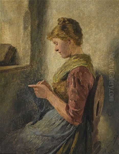 Junge Frau Mit Strickzeug Am Fenster Oil Painting by Hugo Wilhelm Kauffmann