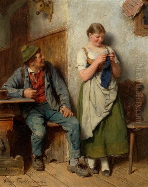 In Der Stube Mit Holzknecht Und Madel Beim Stricken Oil Painting by Hugo Wilhelm Kauffmann