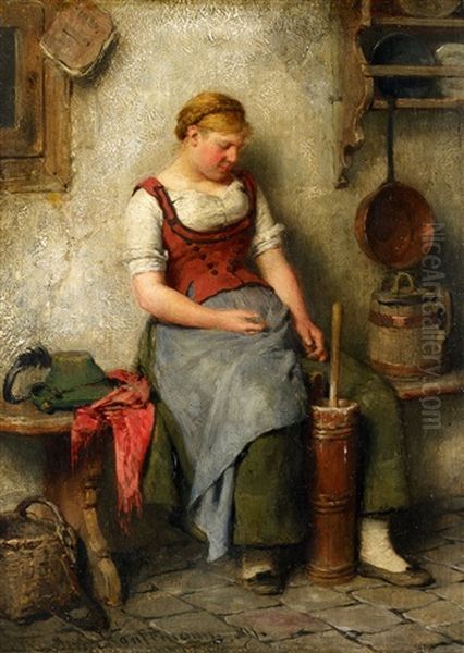 Girl By A Butter Churn Oil Painting by Hugo Wilhelm Kauffmann