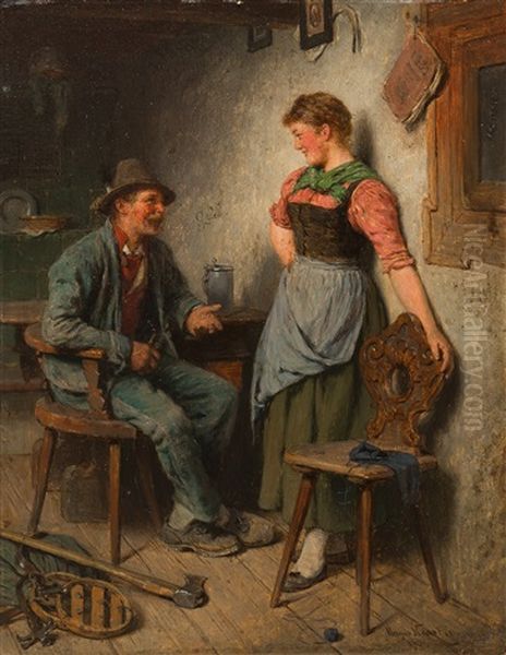 Holzknecht Und Madel In Der Stube Oil Painting by Hugo Wilhelm Kauffmann