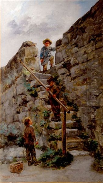 Spielende Kinder Auf Einer Steintreppe by Hugo Wilhelm Kauffmann