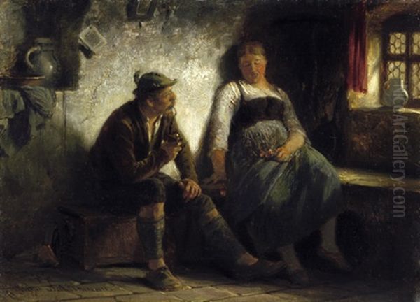 Das Stelldichein - Tiroler Bauer Und Madchen In Der Stube Oil Painting by Hugo Wilhelm Kauffmann