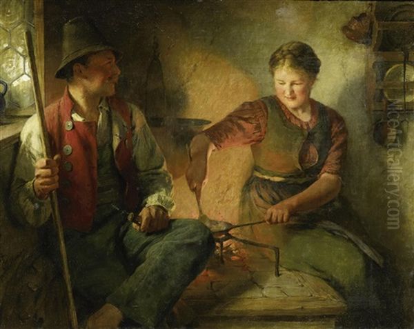 Junges Paar Am Feuer Oil Painting by Hugo Wilhelm Kauffmann