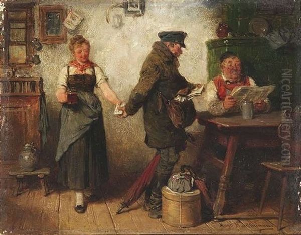 Der Heimliche Brief. In Der Gaststube Steckt Der Brieftrager Einem Jungem Madchen Unbemerkt Einen Brief Zu Oil Painting by Hugo Wilhelm Kauffmann