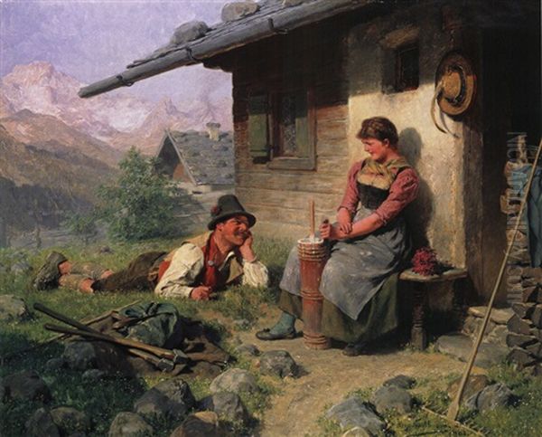 Madel Und Bursch Vor Der Almhutte Oil Painting by Hugo Wilhelm Kauffmann