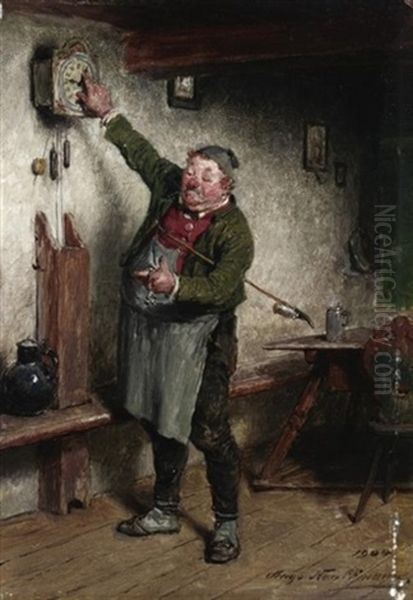 In Der Guten Stube. Ein Pfeiferraucher Beim Stellen Einer Wanduhr Oil Painting by Hugo Wilhelm Kauffmann