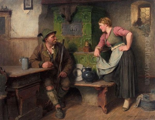 Bursch Und Madel Am Ofen (gossiping By The Stove) Oil Painting by Hugo Wilhelm Kauffmann