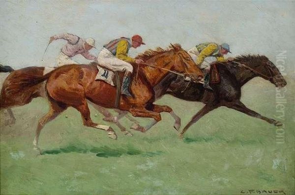 On A Horse Race Track Oil Painting by C. Bauer