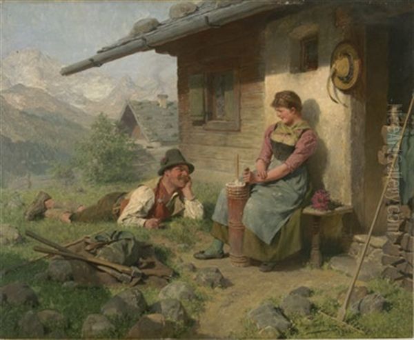 Madel Und Liegender Bursch Vor Der Almhutte Oil Painting by Hugo Wilhelm Kauffmann