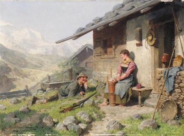 Vor Der Almhutte Oil Painting by Hugo Wilhelm Kauffmann