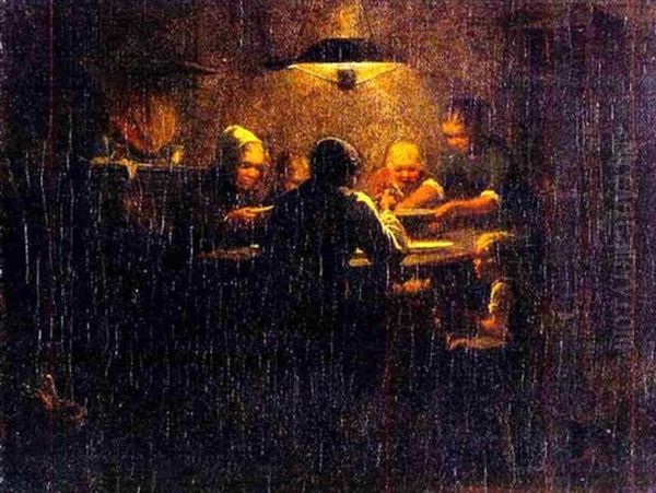 Zufriedene Bauernfamilie Am Abendtisch Oil Painting by Hugo Wilhelm Kauffmann