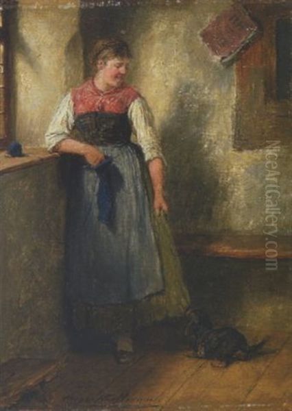 Dirndl Mit Dackel Am Fenster Oil Painting by Hugo Wilhelm Kauffmann