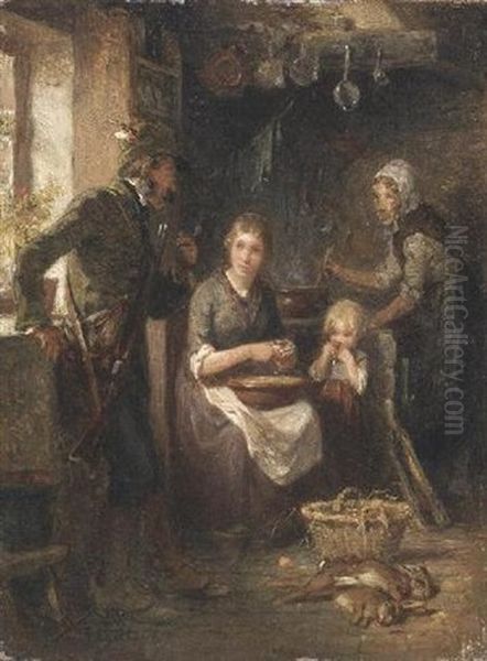 Heimkehr Von Der Jagd. Die Familie Lauscht Aufmerksam Den Erzahlungen Des Vaters In Der Kuche Oil Painting by Hugo Wilhelm Kauffmann