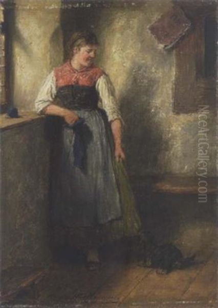 Dirndl Mit Dackel Am Fenster Oil Painting by Hugo Wilhelm Kauffmann