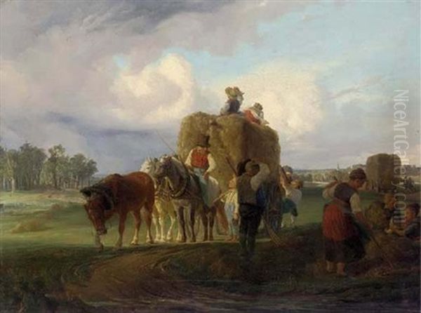 Gathering In The Hay Oil Painting by Hugo Wilhelm Kauffmann