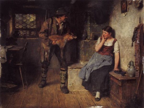 Jager Mit Fuchs Und Madel Oil Painting by Hugo Wilhelm Kauffmann