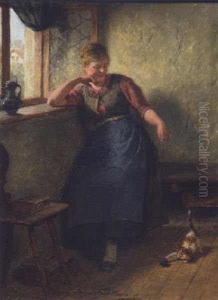 Madel Mit Katze Am Fenster Oil Painting by Hugo Wilhelm Kauffmann