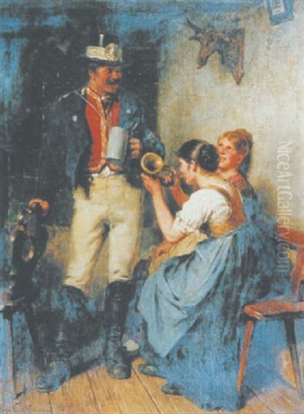 Der Postbote Beim Schwatz Mit Zwei Jungen Frauen Oil Painting by Hugo Wilhelm Kauffmann