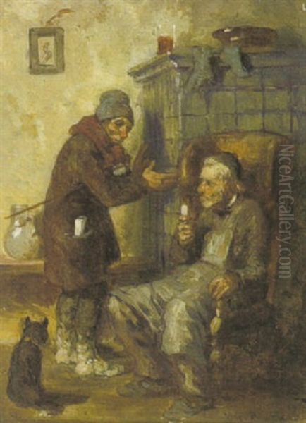 Zwei Alte Am Ofen In Trautem Gesprach, Vom Hund Bewacht Oil Painting by Hugo Wilhelm Kauffmann