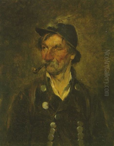 Alter Jager Der Sein Linkes Auge Zukneift Oil Painting by Hugo Wilhelm Kauffmann