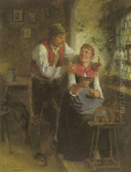 Bursch Und Madel Am Fenster Der Bauernstube Oil Painting by Hugo Wilhelm Kauffmann